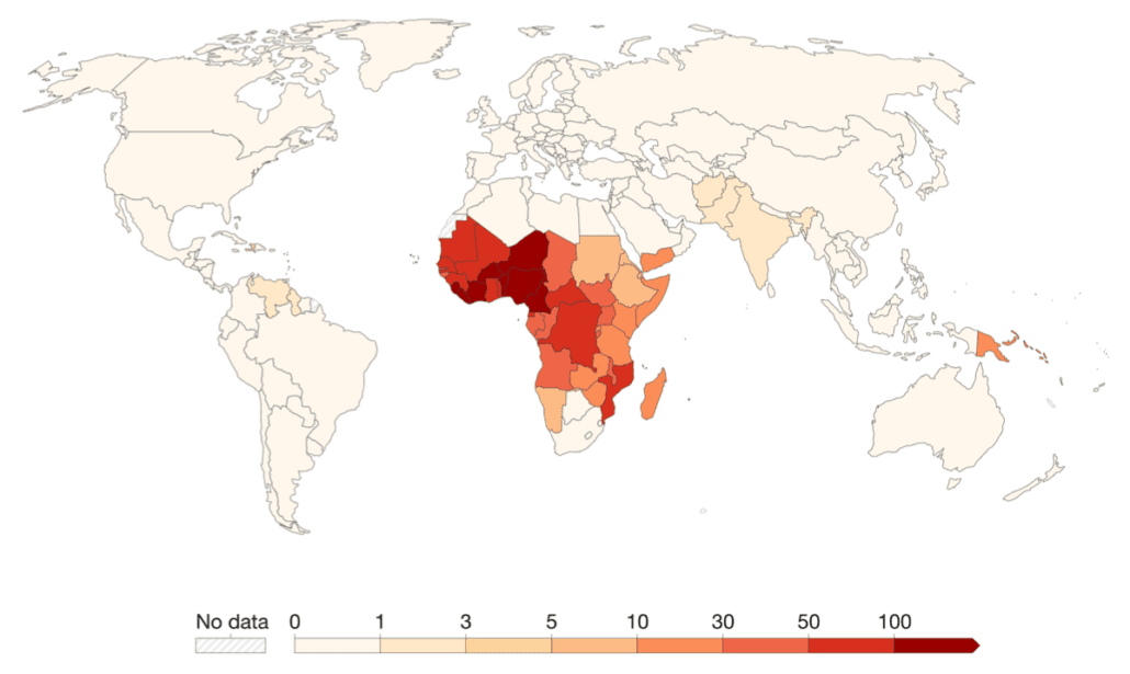 Map showing global deaths due to malaria per 100,000 persons.