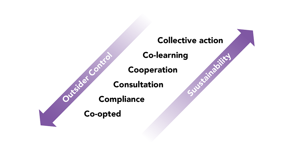 From bottom to top: Co-opted, Compliance, Consultation, Cooperation, Co-learning, Collective action