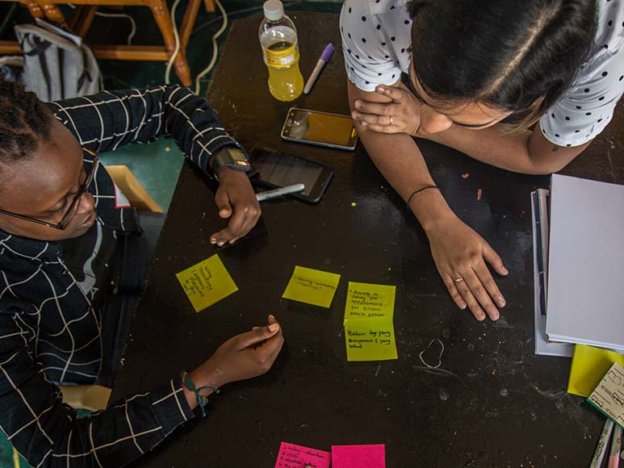 Focus group works around a table with post-it notes